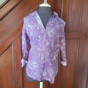 Liz Claiborne Purple Floral Button-Up Blouse L Linen/Cotton Blend Womens Shirt
